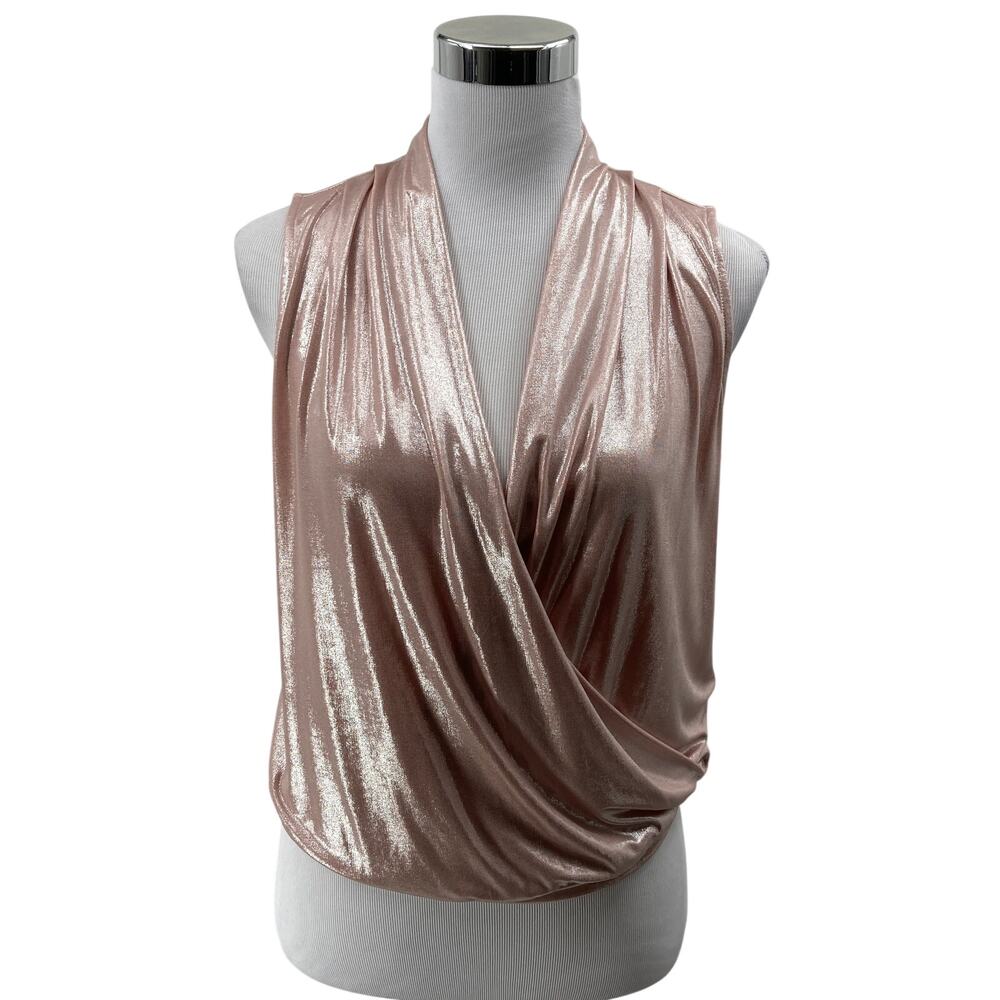 INC International Concepts S Rose Gold Metallic Draped Surplice Sleeveless Top